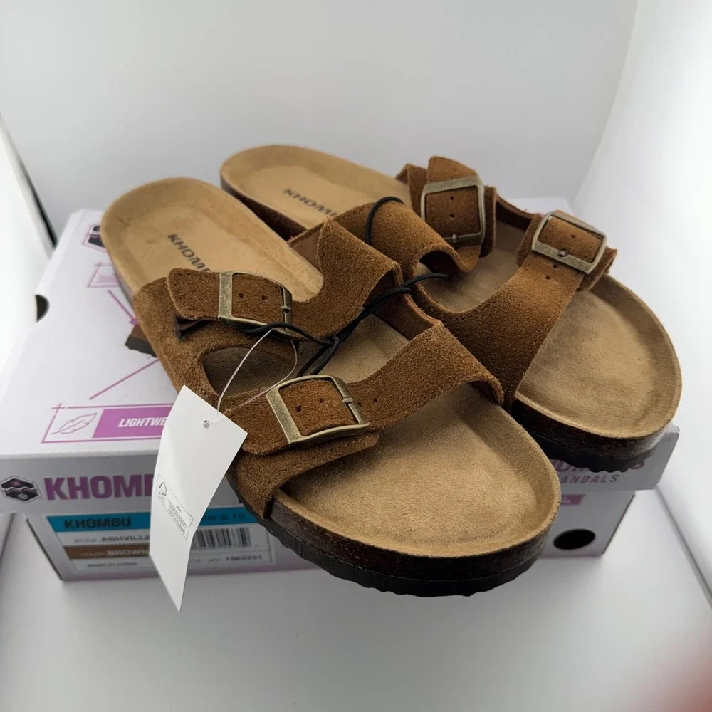 Khombu Ashville Sandals Womens 10 Brown New Suede Buckle Slide Comfort Shoes